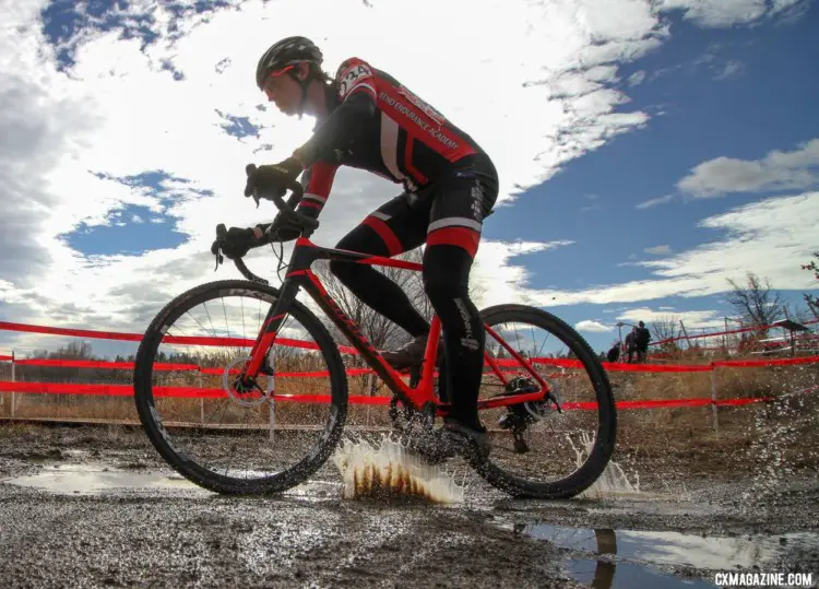 William Warburton splashes through one of the few remaining puddles on the course. 2018 Cyclocross National Championships. © D. Mable/ Cyclocross Magazine