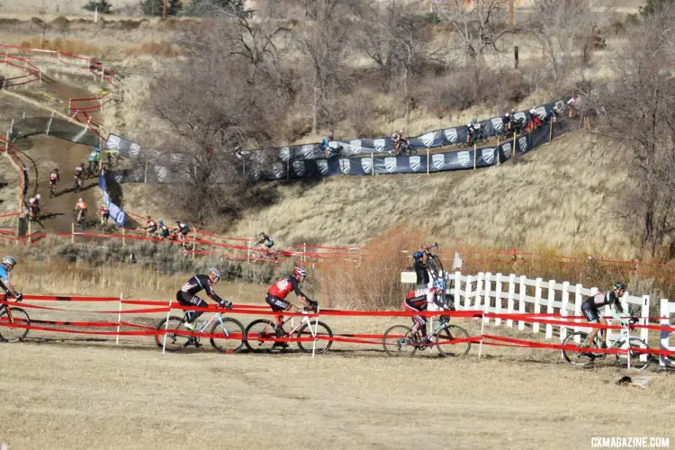 As the lead group settled in, a large field worked its way around the course. Masters 45-49. 2018 Cyclocross National Championships. © D. Mable/ Cyclocross Magazine