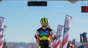 Christina Gokey-Smith celebratets her Masters 45-49 win. Masters Women 45-49. 2018 Cyclocross National Championships. © A. Yee / Cyclocross Magazine