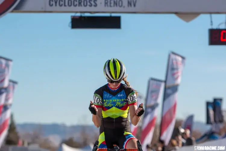 Christina Gokey-Smith celebratets her Masters 45-49 win. Masters Women 45-49. 2018 Cyclocross National Championships. © A. Yee / Cyclocross Magazine