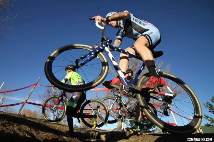 Hopping the Little Loenhout ditch was one of the skills Myerson brought to the Reno course. Masters 45-49. 2018 Cyclocross National Championships. © D. Mable/ Cyclocross Magazine