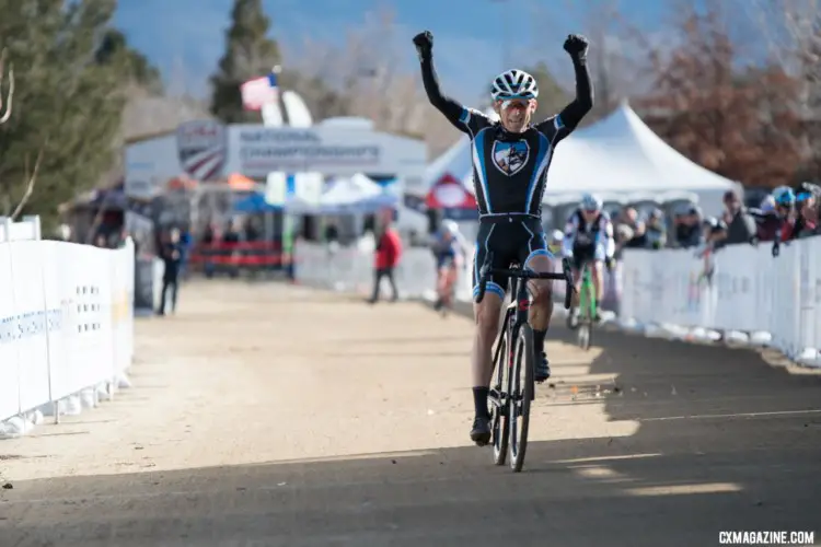 Christoph Heinrich celebrates his win. Masters 50-54. 2018 Cyclocross National Championships. © J. Vander Stucken / Cyclocross Magazine