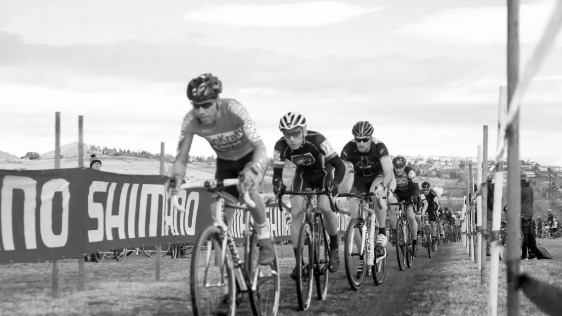 The Masters 50-54 field gets underway. Christoph Heinrich was in a good spot to move off the front. Masters 50-54. 2018 Cyclocross National Championships. © J. Vander Stucken / Cyclocross Magazine