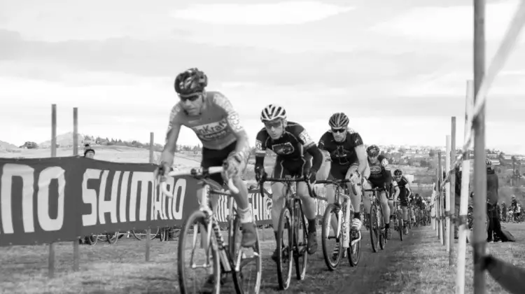 The Masters 50-54 field gets underway. Christoph Heinrich was in a good spot to move off the front. Masters 50-54. 2018 Cyclocross National Championships. © J. Vander Stucken / Cyclocross Magazine