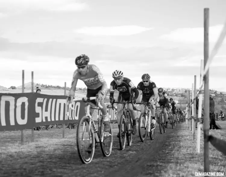 The Masters 50-54 field gets underway. Christoph Heinrich was in a good spot to move off the front. Masters 50-54. 2018 Cyclocross National Championships. © J. Vander Stucken / Cyclocross Magazine