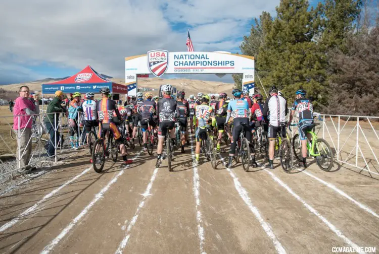 Riders line up at the start. Masters 55-59. 2018 Cyclocross National Championships. © J. Vander Stucken / Cyclocross Magazine