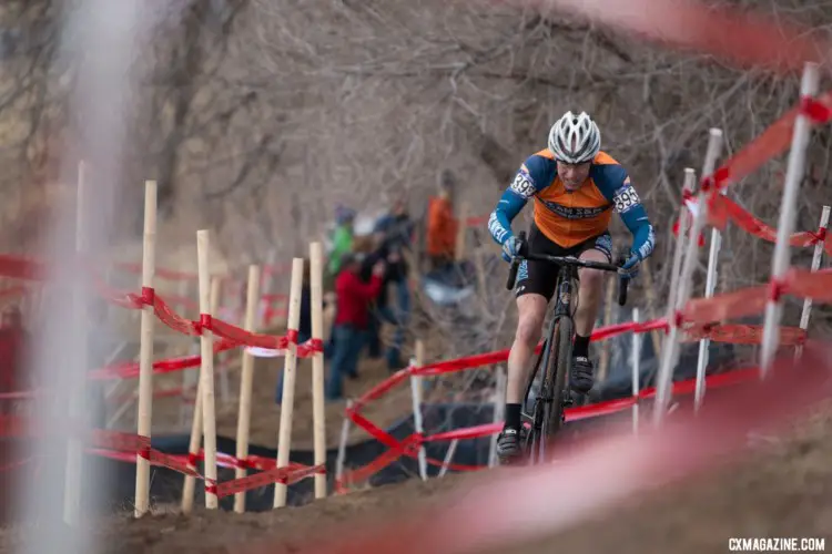 John Wilson grabbed the holeshot and then sat behind Bob Downs before double flatting. Masters 60-64. 2018 Cyclocross National Championships. © A. Yee / Cyclocross Magazine