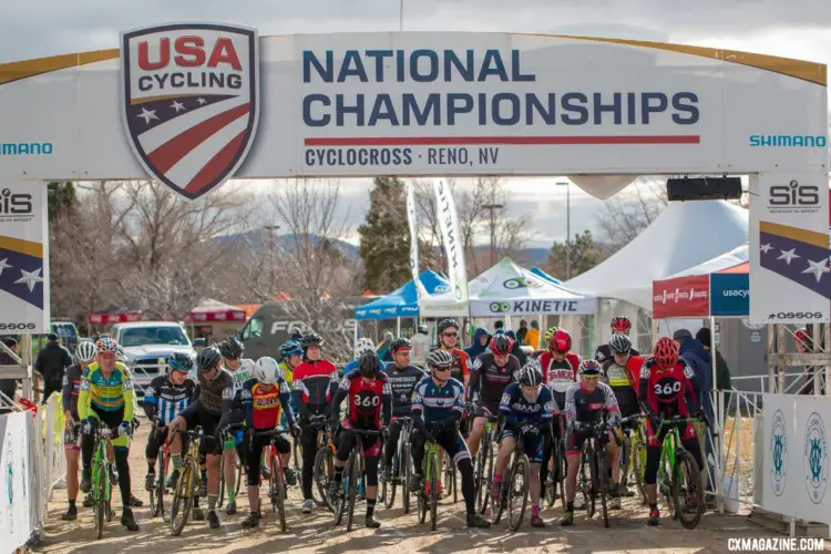 Masters 65-69 Men get set to head out onto the course. Masters 65-69. 2018 Cyclocross National Championships. © A. Yee / Cyclocross Magazine