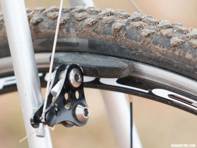 SRP tiatnium bolt-dressed wide-profile cantilevers are great for mud clearance, at the expense of braking power. Pete Dahlstrand’s Masters 80-84 winning 1986 Alan cyclocross bike. 2018 Cyclocross National Championships. © A. Yee / Cyclocross Magazine