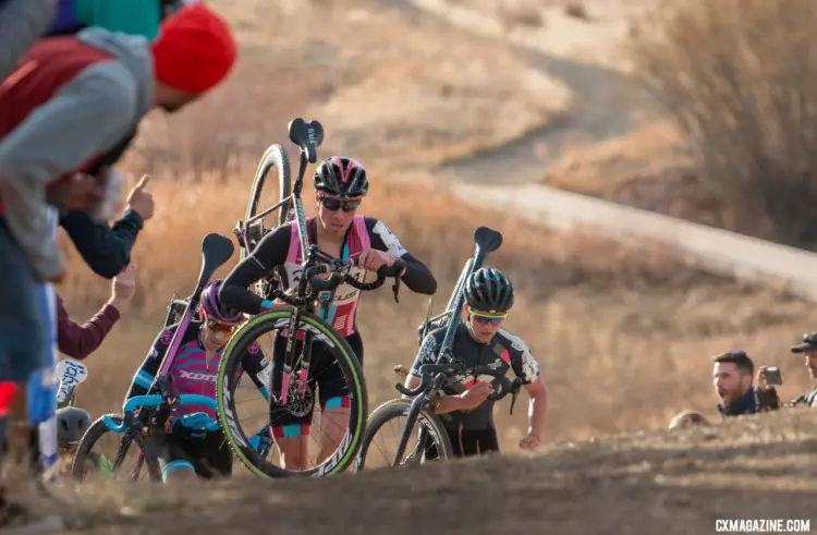 The early leaders on the run-up. 2018 Cyclocross National Championships. © A. Yee / Cyclocross Magazine