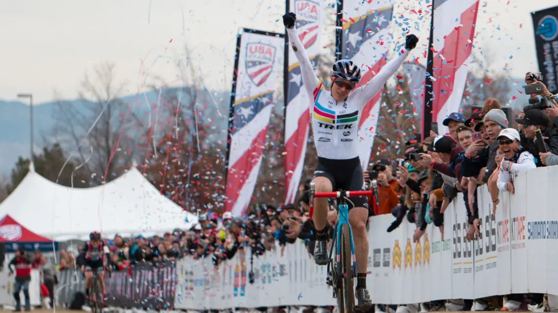 Katie Compton celebrates her 14th-straight national championship. 2018 Cyclocross National Championships. © A. Yee / Cyclocross Magazine