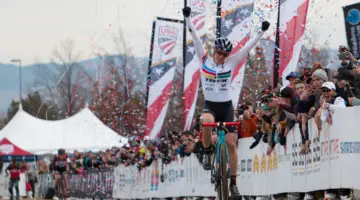 Katie Compton celebrates her 14th-straight national championship. 2018 Cyclocross National Championships. © A. Yee / Cyclocross Magazine