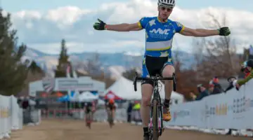 Scott Paisley celebrates his win in the Masters 60-64 race. 2018 Cyclocross National Championships. © A. Yee / Cyclocross Magazine