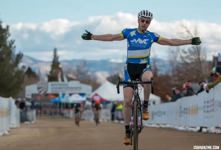 Scott Paisley celebrates his win in the Masters 60-64 race. 2018 Cyclocross National Championships. © A. Yee / Cyclocross Magazine