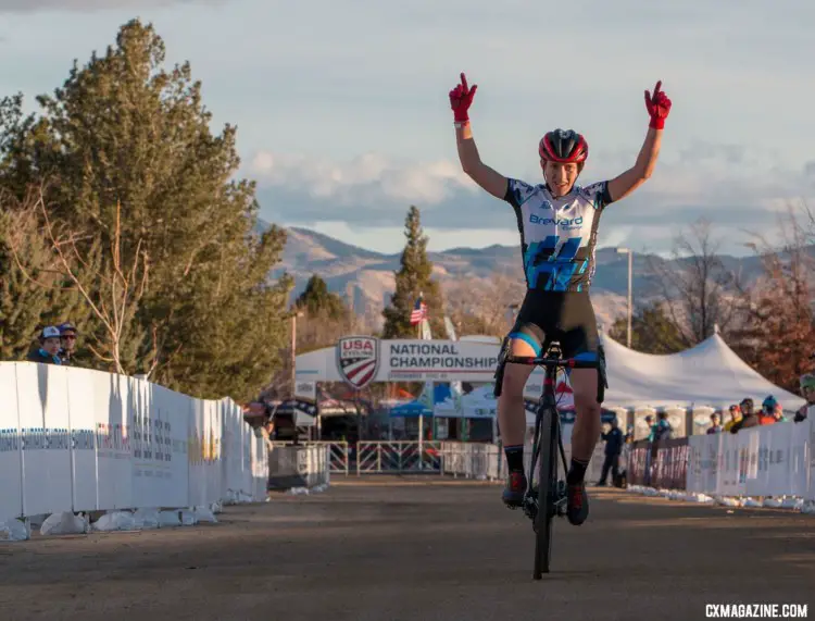 Hannah Arensman celebrates her win. 2018 Cyclocross National Championships. © A. Yee / Cyclocross Magazine