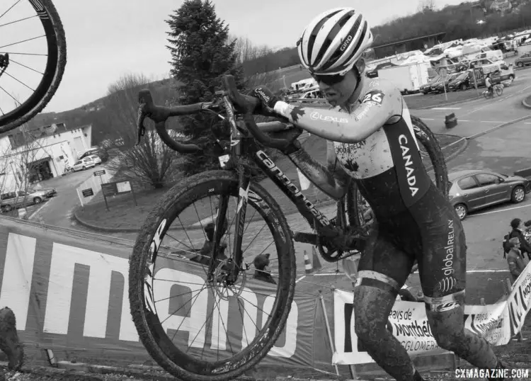 Ruby West tackles the stairs. 2018 Telenet UCI World Cup Nommay. © B. Hazen / Cyclocross Magazine