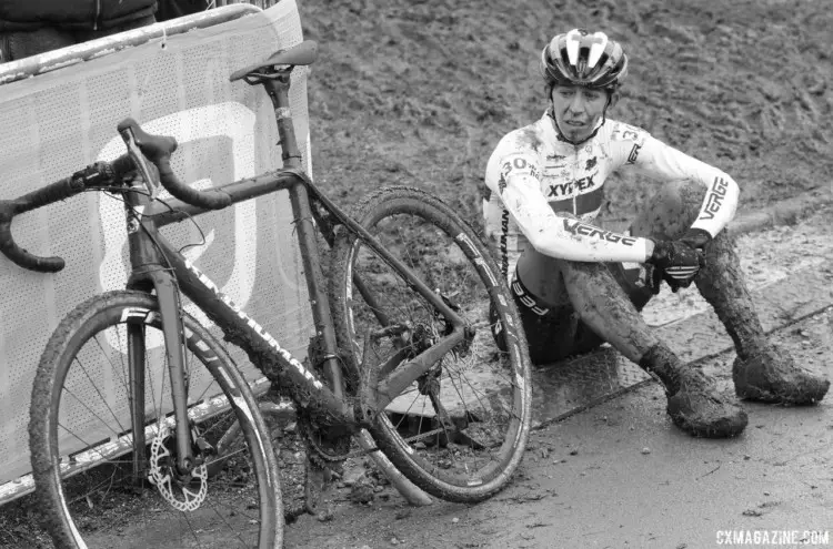 Helen Wyman reflects after a tough, muddy day. 2018 Telenet UCI World Cup Nommay. © B. Hazen / Cyclocross Magazine