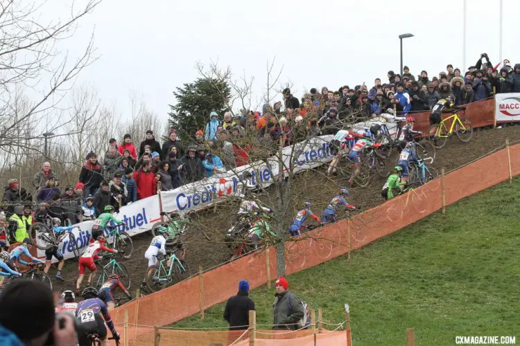 The women on lap one. Nommay UCI Cyclocross World Cup - Elite Women. © B. Hazen / Cyclocross Magazine