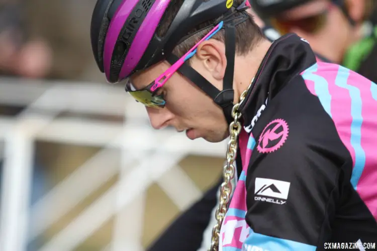 Kerry Werner was sporting his friend Aaron Bradford's gold chain for pre-race vibes. It worked, he finished third. 2018 Reno Cyclocross Nationals, Sunday. © D. Mable / Cyclocross Magazine