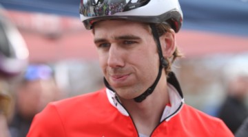 Jamey Driscoll exhales while waiting for the Elite Men's race. 2018 Reno Cyclocross Nationals, Sunday. © D. Mable / Cyclocross Magazine