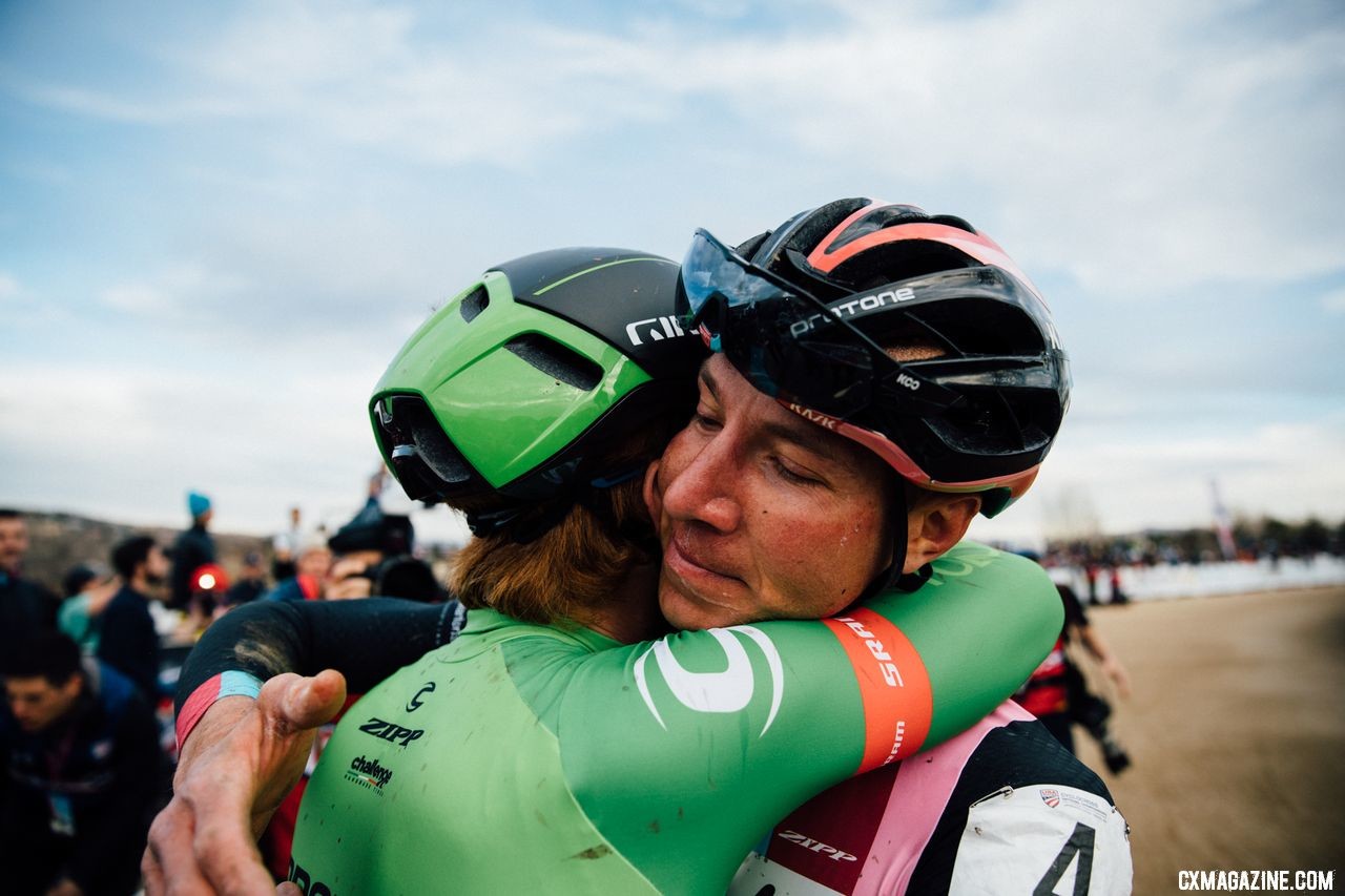 Stephen Hyde and Jeremy Powers shared an embrace after the race. 2018 Cyclocross National Championships. © J. Curtes / Cyclocross Magazine