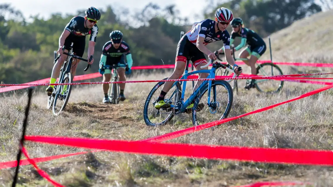 Lance Haidet leads Tobin Ortenblad and Max Judelson down the chicanes. 2018 NCNCA District Champs, Lion Oaks Ranch. © J. Vander Stucken / Cyclocross Magazine