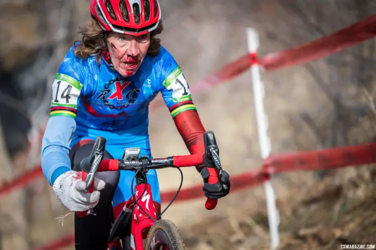 Maurine Sweeney took a spill in the Masters Women 65-69 race, but kept going to the finish. 2018 Reno Cyclocross National Championships. © J. Vander Stucken / Cyclocross Magazine