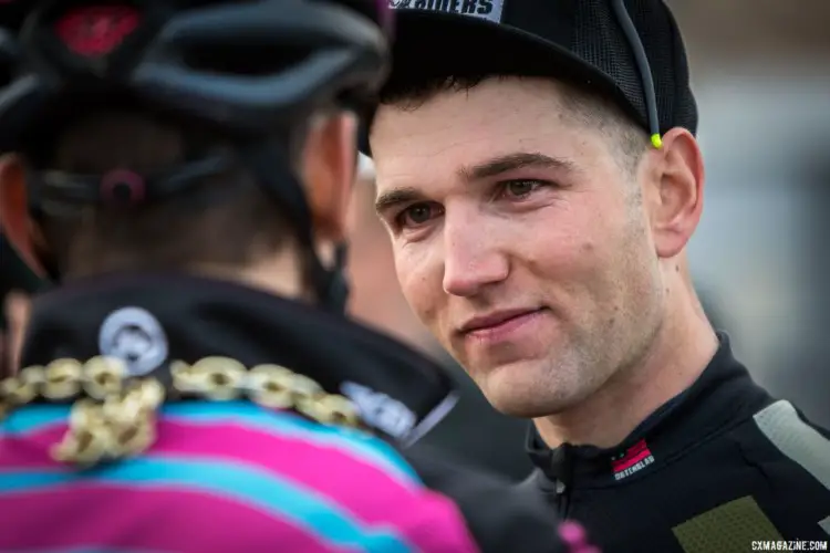 Tobin Ortenblad swaps race stories with Kerry Werner and his chain. 2018 Reno Cyclocross National Championships. © J. Vander Stucken / Cyclocross Magazine