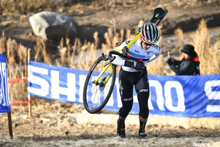 Gomez Villafane scales the climb with a gap. 2018 Cyclocross National Championships. © J. Vander Stucken / Cyclocross Magazine