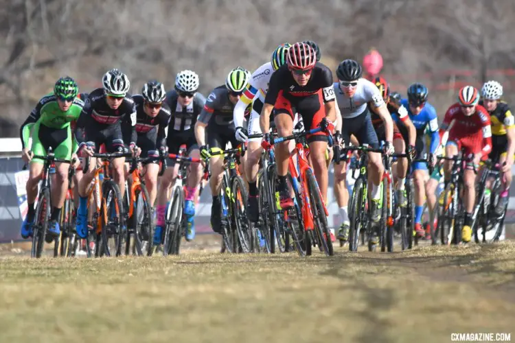 Christopher Blevins grabs the holeshot and kept pushing til the finish. U23 Men, 2018 Cyclocross National Championships. © J. Vander Stucken / Cyclocross Magazine