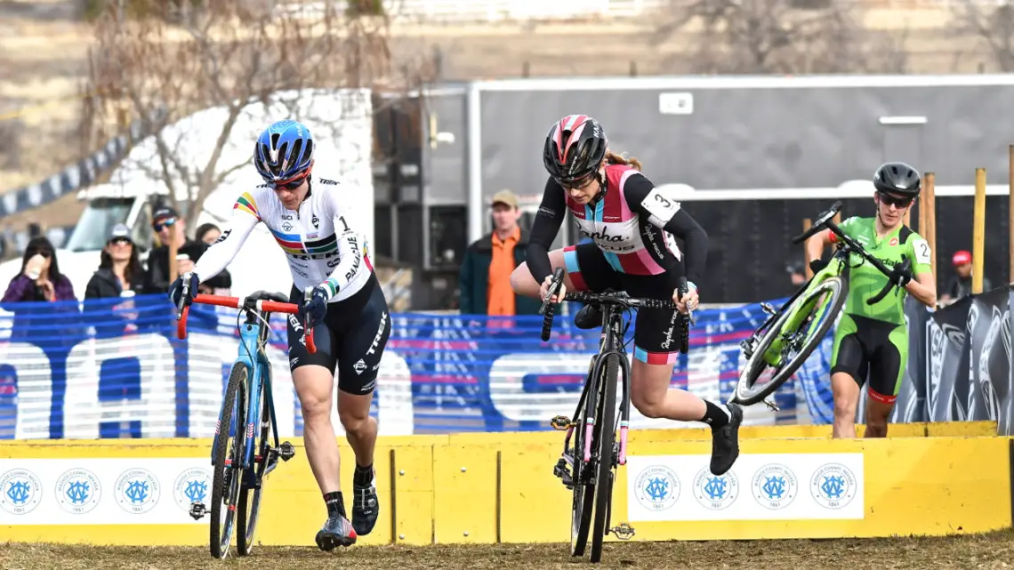 Compton, Noble and Keough hit the barriers in the first lap. 2018 Reno Cyclocross National Championships, Elite Women. © J. Vander Stucken / Cyclocross Magazine
