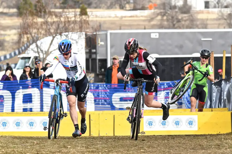 Compton, Noble and Keough hit the barriers in the first lap. 2018 Reno Cyclocross National Championships, Elite Women. © J. Vander Stucken / Cyclocross Magazine