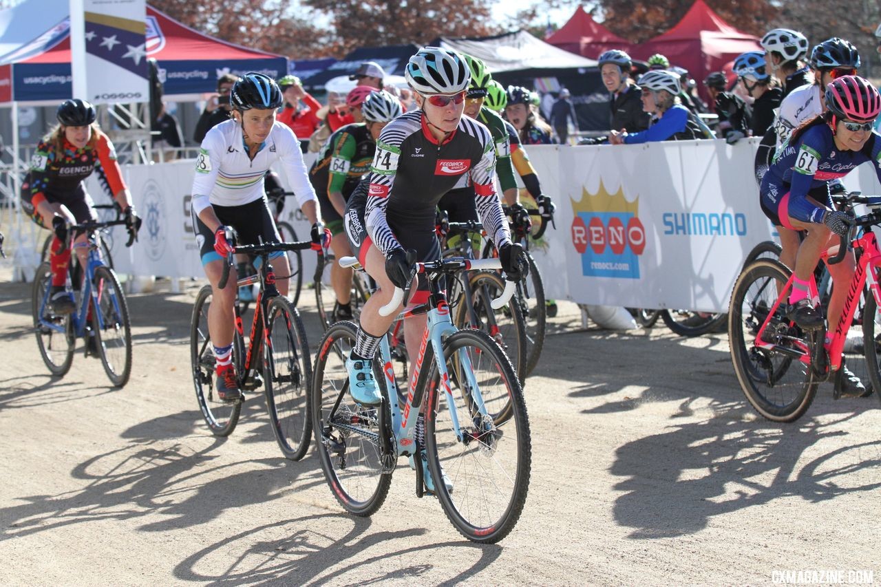 Tracy Yates sprints off the line. Masters Women 50-54. 2018 Cyclocross National Championships. © D. Mable/ Cyclocross Magazine