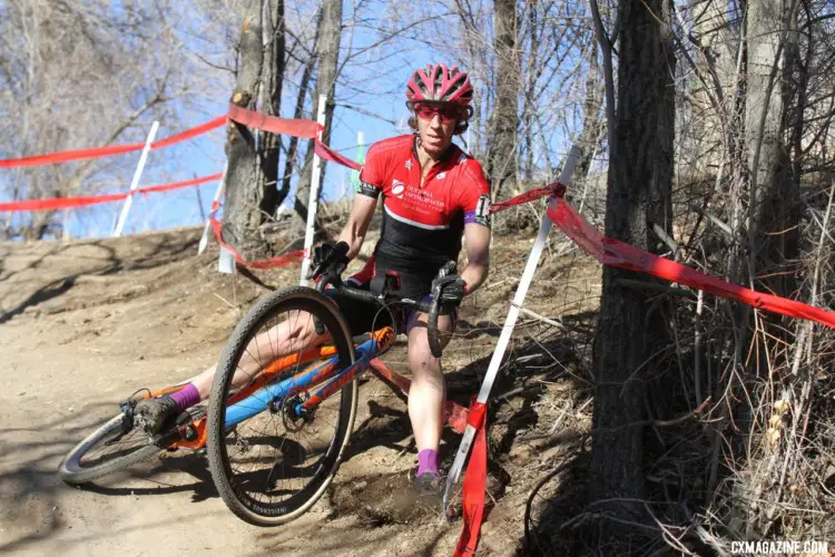 Monica Lloyd took a first-lap spill on the descent. Masters Women 40-44. 2018 Cyclocross National Championships. © D. Mable/ Cyclocross Magazine