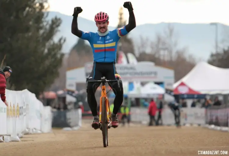 Brandon Melott wins the Masters 30-34 race at the 2018 Cyclocross National Championships. © Cyclocross Magazine