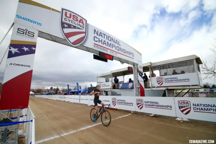 Eric Brunner posts up as he crosses the line, winning the Collegiate Club race at the USAC Cyclocross National Championships in Reno, Nevada. © D. Mable / Cyclocross Magazine