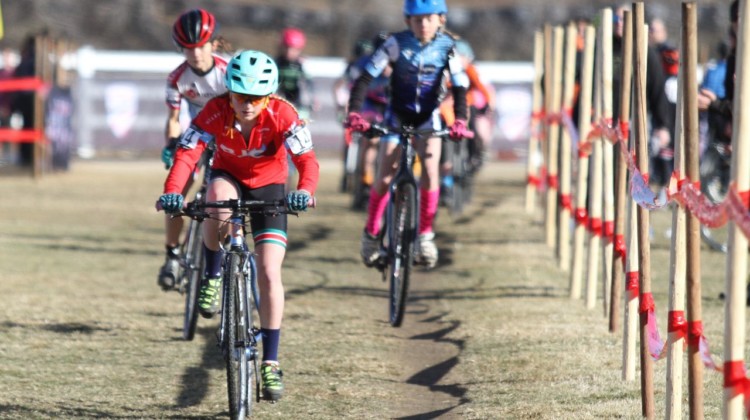 Haydn Hludzinski leads riders early in the race. Junior Women, 13-14. 2018 Cyclocross National Championships. © D. Mable/ Cyclocross Magazine