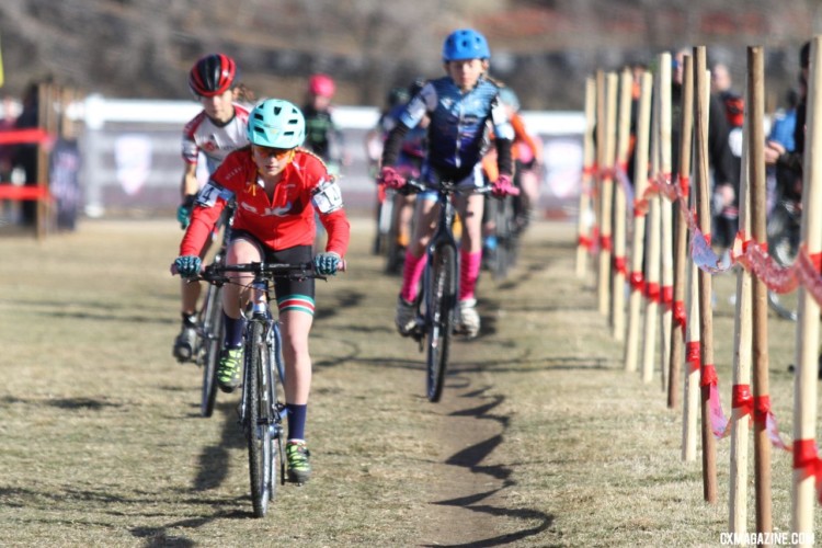 Haydn Hludzinski leads riders early in the race. Junior Women, 11-12. 2018 Cyclocross National Championships. © D. Mable/ Cyclocross Magazine