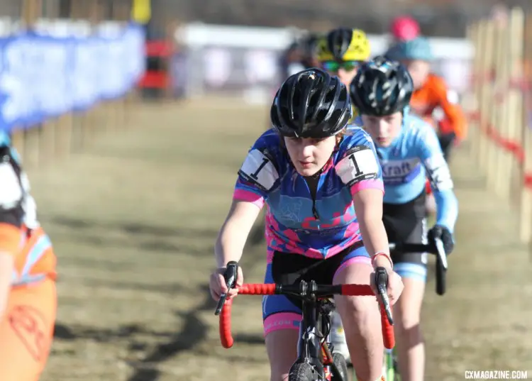 Charli Grosenheider leads a group of riders. Junior Women, 11-12. 2018 Cyclocross National Championships. © D. Mable/ Cyclocross Magazine