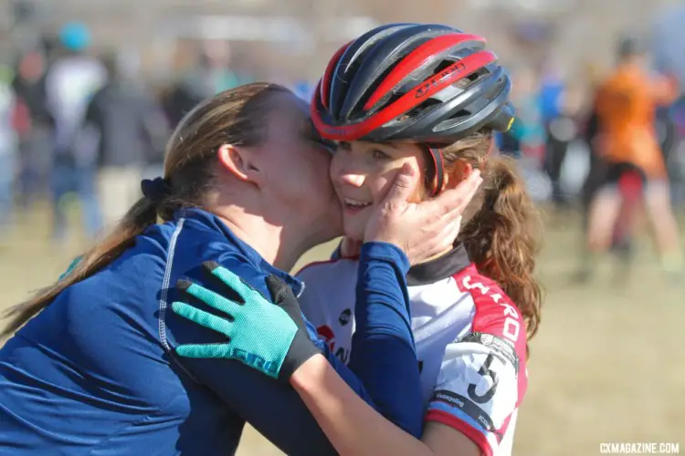 Post-race congrats were in order. Junior Women, 11-12. 2018 Cyclocross National Championships. © D. Mable/ Cyclocross Magazine