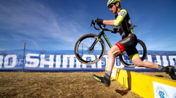 Magnus Sheffield takes a controlled approach to the barriers. Junior Men 15-16. a2018 Cyclocross National Championships. © D. Mable/ Cyclocross Magazine