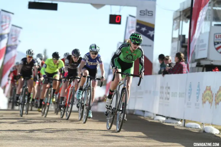 Lauren Zoerner led out a fast start. Junior Women 15-16. 2018 Cyclocross National Championships. © D. Mable/ Cyclocross Magazine