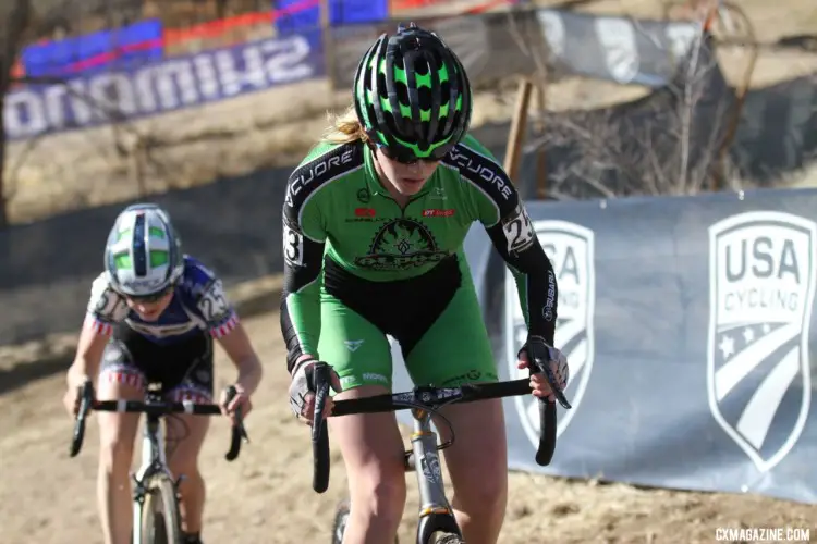 Junior Lauren Zoerner and Lizzy Gunsalus battled each other off the front. Women 15-16. 2018 Cyclocross National Championships. © D. Mable/ Cyclocross Magazine