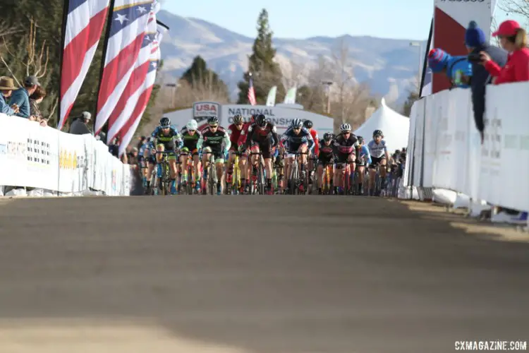 The 150+ rider singlespeed field heads out onto the course. Men's Singlespeed. 2018 Cyclocross National Championships. © D. Mable/ Cyclocross Magazine