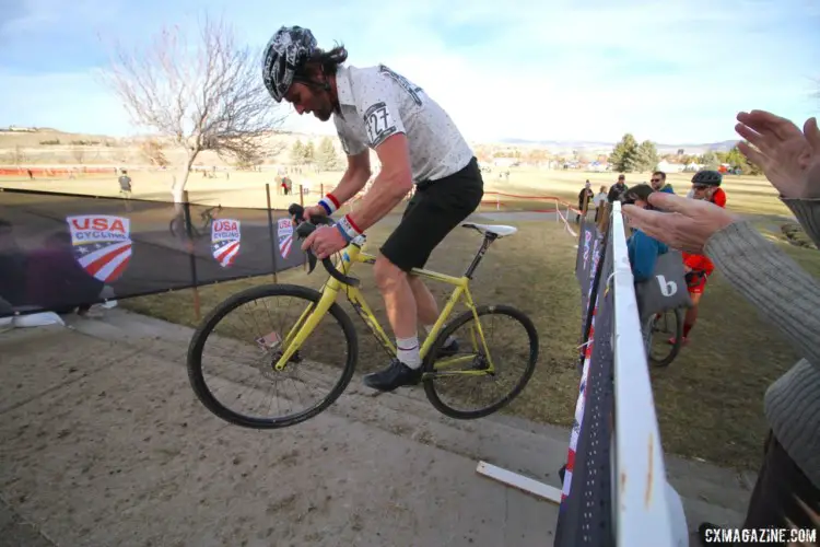 Chad Cheeney hopped up the stairs. Men's Singlespeed. 2018 Cyclocross National Championships. © D. Mable/ Cyclocross Magazine