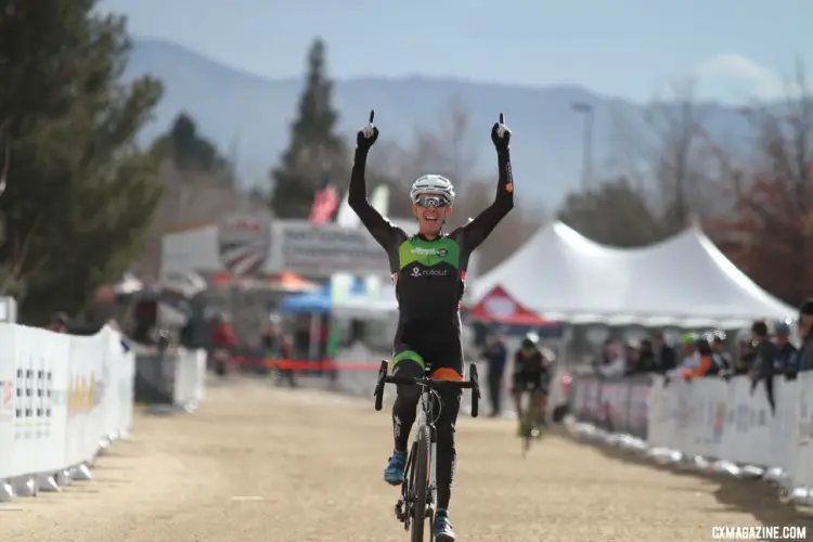 Kevin Day celebrates his Nationals win. Masters 35-39. 2018 Cyclocross National Championships. © D. Mable/ Cyclocross Magazine