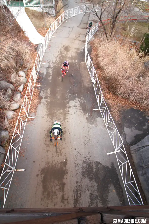 A lead group of Cervantes, Cassan and Shogren formed quickly. Masters 55-59. 2018 Cyclocross National Championships. © D. Mable/ Cyclocross Magazine