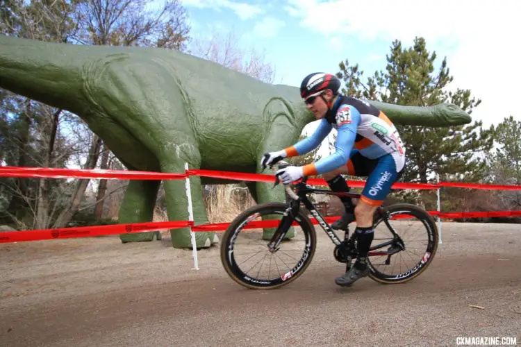 A rider passes through Jurassic Park. Masters 55-59. 2018 Cyclocross National Championships. © D. Mable/ Cyclocross Magazine