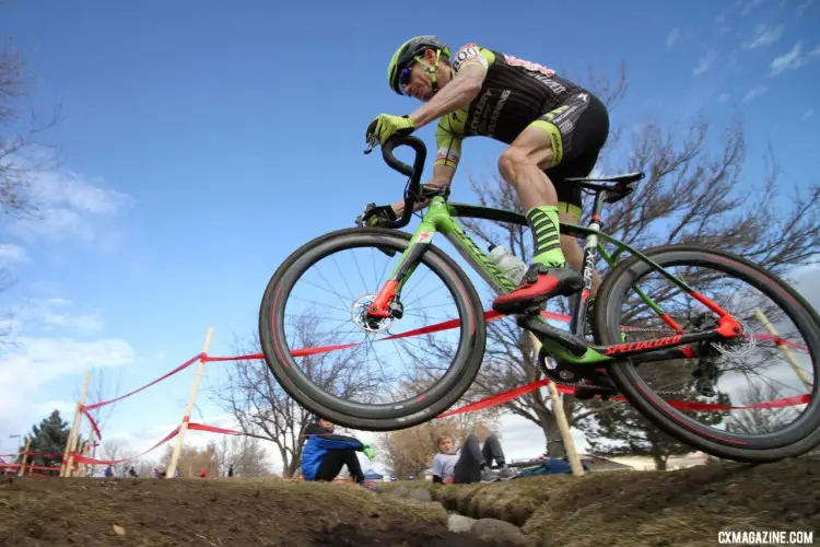 One of the moves on display was Greg Fenton hopping the Little Loenhout ditch. Masters 55-59. 2018 Cyclocross National Championships. © D. Mable/ Cyclocross Magazine