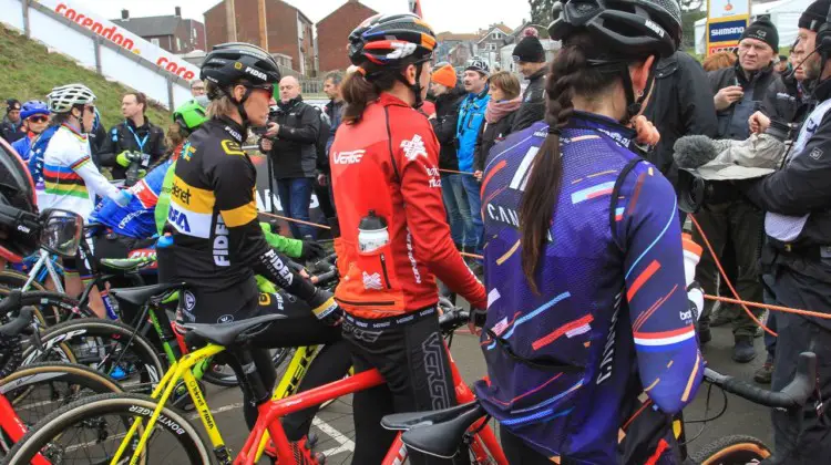 The women stand ready to start the last World Cup of the season. 2018 Hoogerheide World Cup. © B. Hazen / Cyclocross Magazine